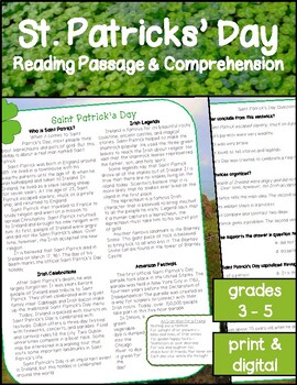 Preview of St. Patrick's Day Reading Passage Comprehension Passage and Questions
