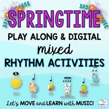 Spring themed elementary music rhythm activities with video and drag and drop google slides, digital images for online and in person music class lessons. These activities are interactive and engaging as well as seasonally friendly for Springtime elementary music lessons. Students love moving the images into the boxes to create their very own rhythm patterns. Keep engagement high in your virtual classes using interactive google slides activities. Keep on teaching rhythms, practice, assess using the presentation, video and google slides drag and drop activities. These materials make a great SUB lesson with video, presentation and google slides activities.