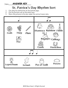 St. Patrick's Day Rhythm Sort Worksheet Color/BW - Quarter Notes/Eighth ...