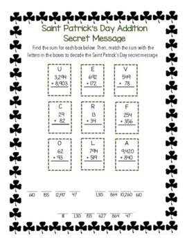 Preview of St. Patrick's Day Secret Messages (Adding, Subtracting, Multiplying, Dividing)