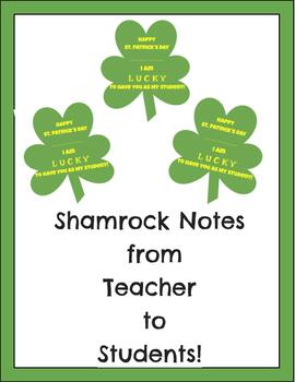 Preview of St. Patrick's Day Shamrock Note Cards for Students from Teacher