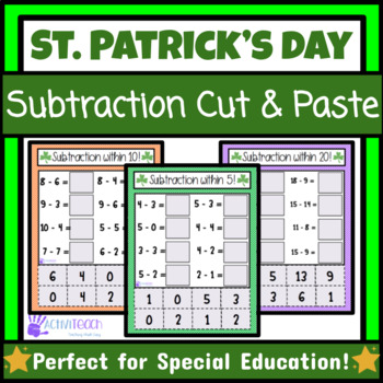 Preview of St Patrick's Day Simple Subtraction Cut & Paste Worksheets Math Basic Facts SPED