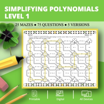 Preview of St. Patrick's Day: Simplifying Polynomials Level 1 Maze Activity