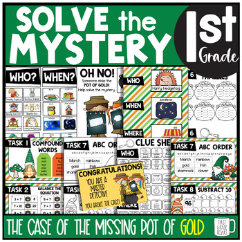 Preview of St. Patrick's Day Solve the Mystery Math & ELA Task Card Activity