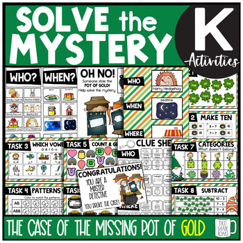 Preview of St. Patrick's Day Solve the Mystery Math & ELA Task Card Activity Kindergarten