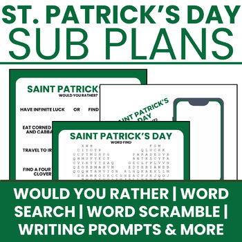 Preview of St Patrick's Day Sub Plans- Word Search/Writing/Poetry/Activity/Worksheets ELA