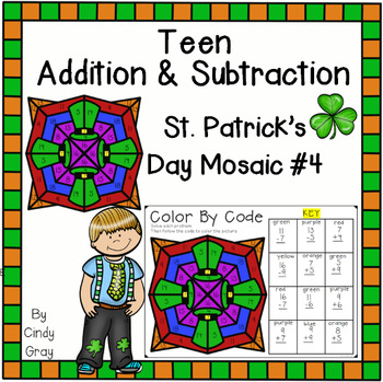 Preview of St. Patrick's Day Teen Addition and Subtraction ~ Mosaic #4