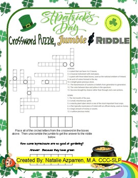 Preview of St. Patrick's Day Themed Crossword Puzzle, Jumble, and Riddle Activity Game