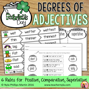 Preview of St. Patrick's Day Themed Degrees of Adjectives Worksheet Tables, n Sorting Mats