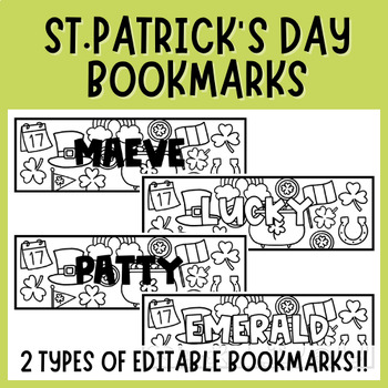 Preview of St.Patrick's Day Themed Editable Student Bookmarks | Reading | Coloring | Art