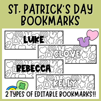 Preview of St.Patrick's Day Themed Editable Student Bookmarks | Reading | Coloring | Charms