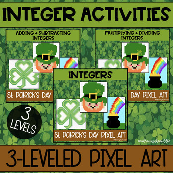 Preview of St. Patrick's Day Themed Integers Pixel Art BUNDLE for Middle Schoolers | Math
