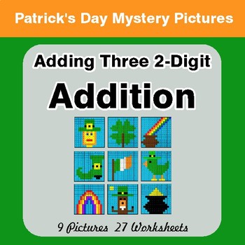 St Patrick's Day: Three 2-Digit Addition - Color-By-Number Math Mystery Pictures