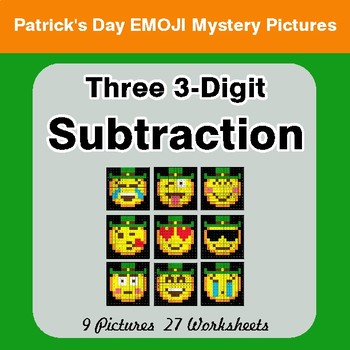 St Patrick's Day: Three 3-Digit Subtraction - Color-By-Number Math Mystery Pictures