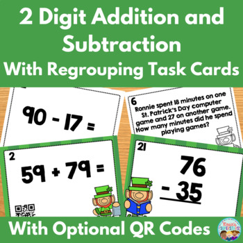 Preview of St. Patrick's Day 2 Digit Addition and Subtraction Task Cards with QR Codes