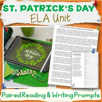 Preview of St Patrick's Day Unit - ELA Paired Reading Activity Packet St Pattys Day Prompts
