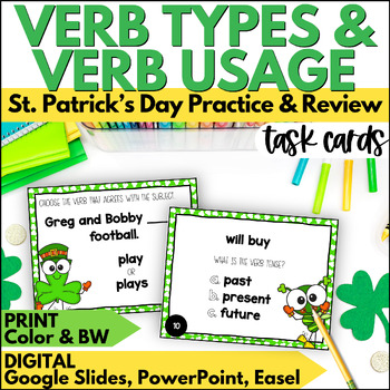 Preview of St. Patrick's Day Verb Task Cards - March Grammar Practice and Review Activities
