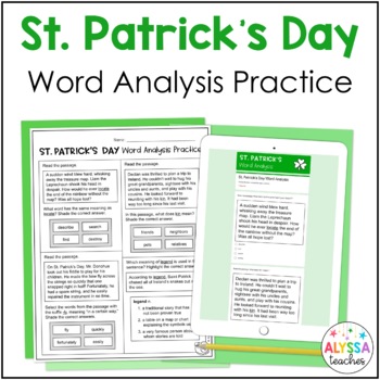 Preview of St. Patrick's Day Word Analysis Worksheets (SOL 4.4 and 4.8) Print and Digital