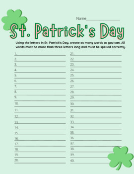 Preview of St. Patrick's Day Word List