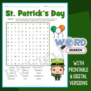 Preview of Easy St. Patricks Day Word Search Puzzle 1st 2nd Grade Vocabulary Activity Sheet