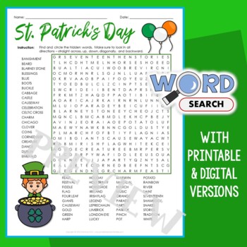 Preview of Hard St. Patricks Day Word Search Puzzle 4th 5th Grade Vocabulary Activity Sheet