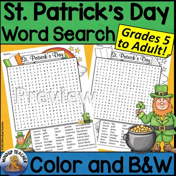 Preview of St. Patrick's Day Word Search Hard for Grades 5 to Adult