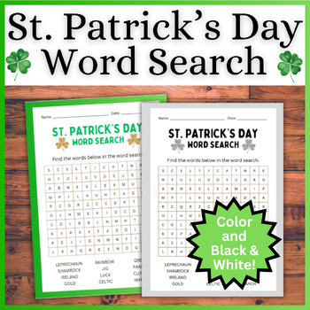 Preview of St. Patrick's Day Word Search! Word Find Vocabulary Hunt - Clover, Gold, Rainbow