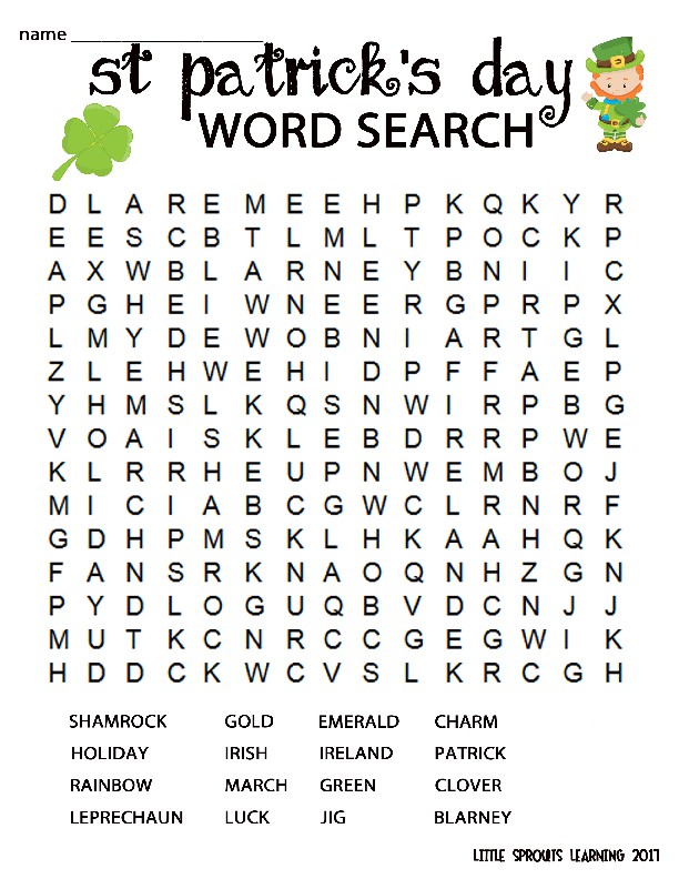 St Patrick's Day Word Search (FREEBIE) by Little Sprouts Learning