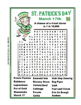 Preview of St. Patrick's Day Word Search or Wordsearch Puzzle