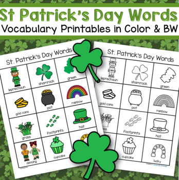 Preview of St. Patrick's Day Words and Pictures Vocabulary Printables Color and BW FREE