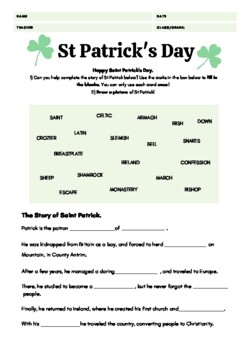 St Patrick's Day fill in the word and drawing worksheet by Lunar Pages