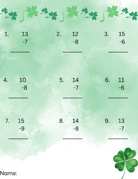 Preview of St. Patrick's Day themed subtraction worksheet