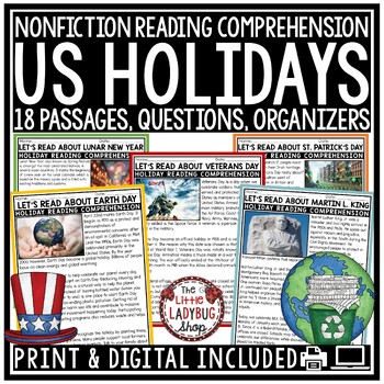 Preview of Earth Day Holidays Reading Comprehension Passages 3rd 4th Grade Cinco De Mayo