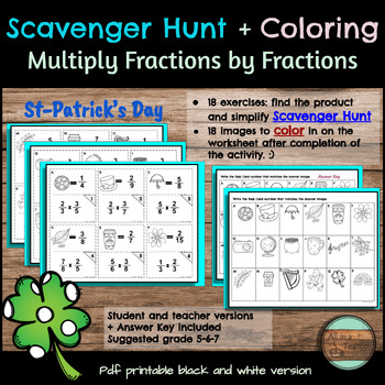 Preview of St-Patrick's Multiplying Fractions Scavenger Hunt and Coloring Activity
