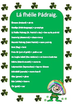 Preview of St. Patrick's day Irish vocabulary (phonetically spelled)