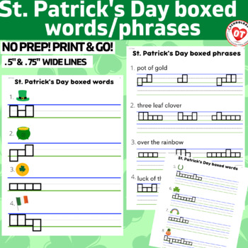 Preview of St. Patrick's day LOWERCASE boxed writing worksheets: box word/letter formation