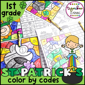 Preview of St Patricks Day math color by codes | First grade math worksheets