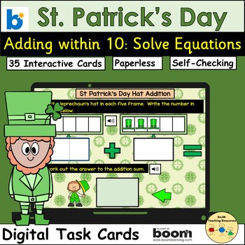 Preview of St Patricks Day Addition within 10 Leprechaun Hats BOOM Cards™ Digital