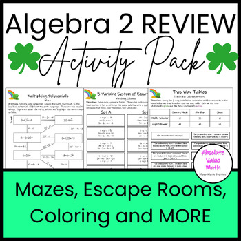 Preview of St. Patricks Day Algebra 2 Review Activity Pack (12 Engaging NO PREP Printables)