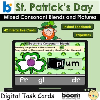 Preview of St Patricks Day Beginning Consonant Blends Phonics Shamrocks BOOM Cards™ Digital