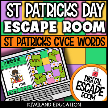 Preview of St Patricks Day CVCE Words Digital Escape Room Medial Vowels Activity Game