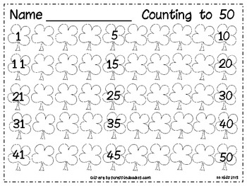 St. Patrick's Day Clover Counting Math Page Numbers 1-50 / Kindergarten