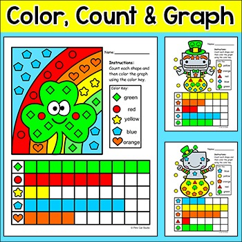 Preview of St. Patrick's Day Color, Count & Graph Shapes Worksheets - March Activity