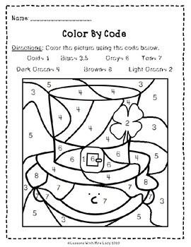 St. Patricks Day - Color by Code (Math Worksheet) by Lessons with Mrs Lacy