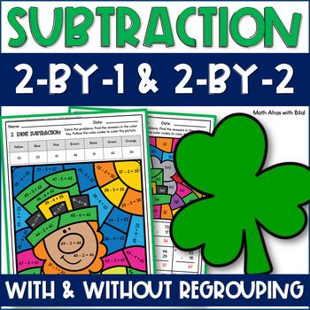 Preview of Double Digit Subtraction Color by Number with Regrouping + w/out St Patrick's