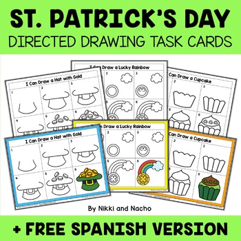 Preview of St Patricks Day Directed Drawing Task Card Activities + FREE Spanish