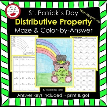 Preview of Distributive Property Negatives Maze & Color by Number St. Patrick's Day Math