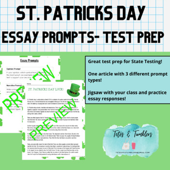 Preview of St. Patricks Day Essay Prompts - State Test Prep- Jigsaw
