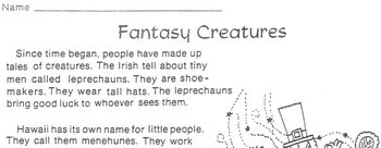 Preview of Reading FANTASY/ REALITY: Leprechauns,Unicorns etc. w/ 5 Comprehension Questions