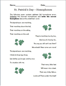Preview of St. Patrick's Day - Homophones